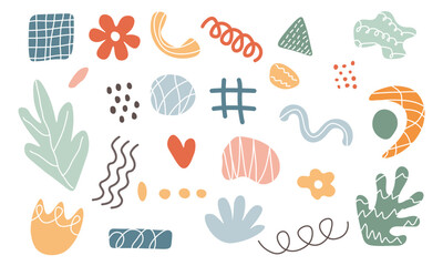 Abstract set various shapes and doodle objects. Set of trendy creative artistic elements