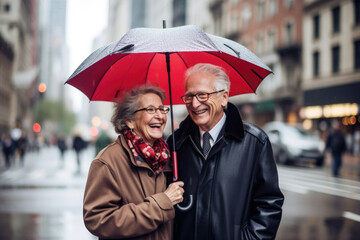 Happy senior smiling and cute couple with umbrella on the walk in Manhattan, rainy day - obrazy, fototapety, plakaty