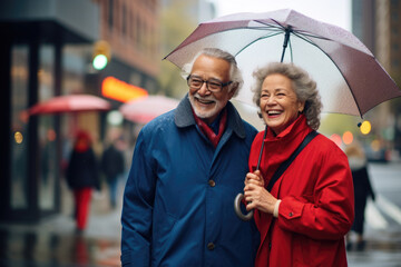 Happy senior smiling and cute couple with umbrella on the walk in Manhattan, rainy day - Powered by Adobe