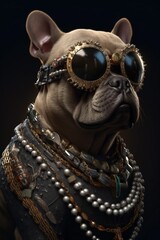 Generative AI abstract render of a gangsta dog wearing sunglasses and jewelry
