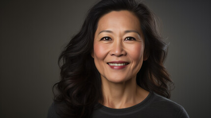 Fototapeta premium Captured in a studio, a mature Asian woman showcases a radiant, wide smile..