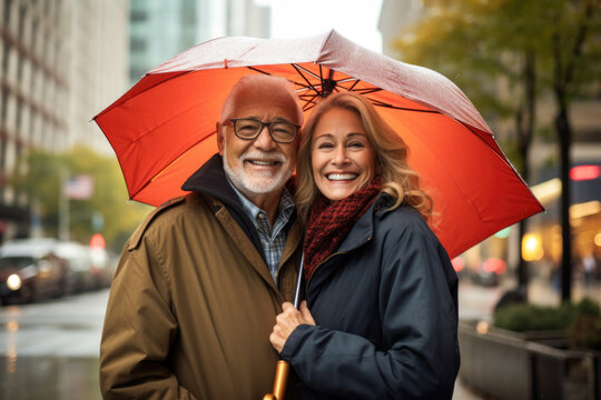 Happy senior smiling and cute couple with umbrella on the walk in Manhattan, rainy day
