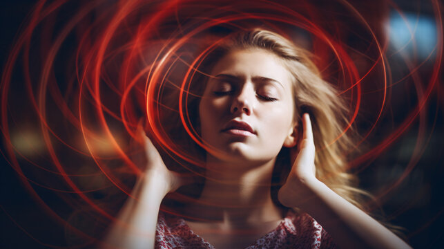 An out-of-focus image portrays a woman in the midst of a vertigo, dizziness, or inner ear health concern..