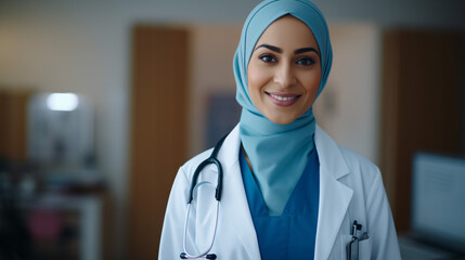 A genuine and self-assured Middle Eastern healthcare professional in a closeup shot..