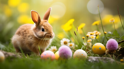 Fototapeta na wymiar Happy Easter, Easter bunny and colorful eggs.