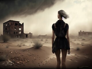 girl in a desolate wasteland - obrazy, fototapety, plakaty