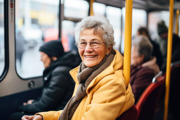 Smiling mature senior woman riding the bus in Vienna - obrazy, fototapety, plakaty