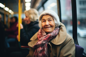 Smiling mature senior woman riding the bus in Vienna