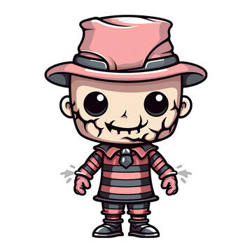 Cute Kawaii Halloween monster wearing a red and black striped shirt, isolated