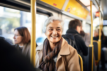 Smiling mature senior woman riding the bus in Vienna - obrazy, fototapety, plakaty