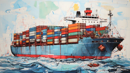 This journal illustration harmoniously blends the elements of transport, logistics, and maritime trade, depicting a cargo ship navigating through bustling ports, vast oceans, and industrial dockyards,