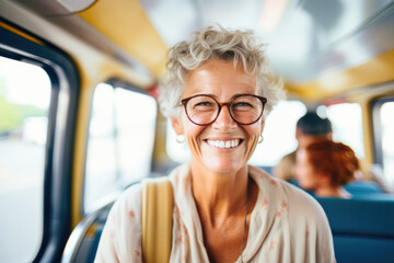 Smiling mature senior woman riding the bus - obrazy, fototapety, plakaty