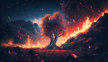 Intense flames from a massive forest fire. Flames light up the night as they rage thru pine forests and sage brush. - obrazy, fototapety, plakaty