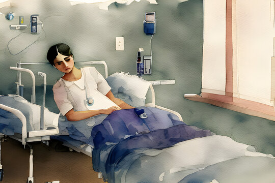 Patient on the ICU hospital bed ready for medical supplements and doctor checkup watercolor style