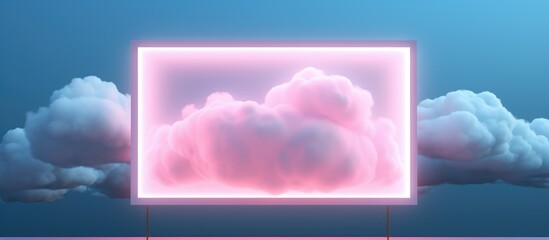 Minimal abstract background with neon square frame illuminated storm clouds and glowing geometric shape