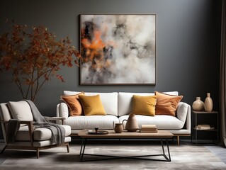 Gray walls modern living room with a white sofa and chair generative ai