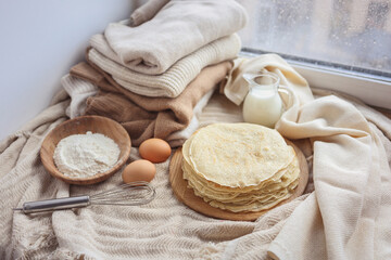 Stack of homemade pancakes, good morning concept