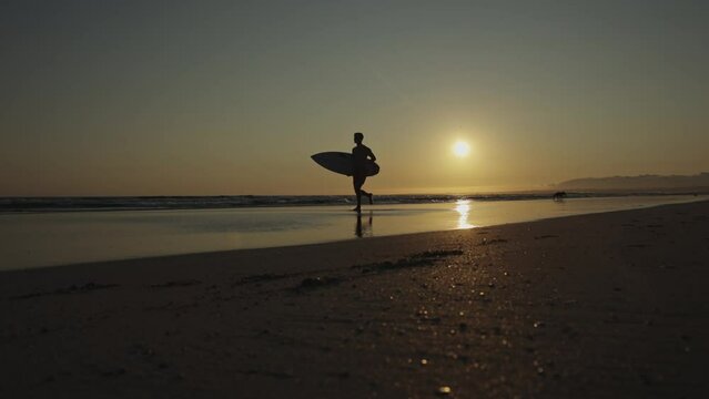 Silhouette of surfer on shore at sunset