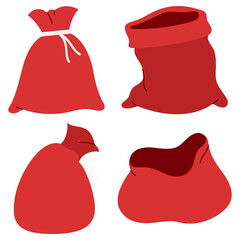 Flat Santa's Gift Bag Element. Bundle Set. Christmas Event. Vector Illustration