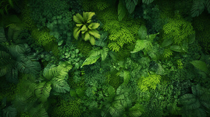 Green plants and trees seen from above in a dense forest. - obrazy, fototapety, plakaty