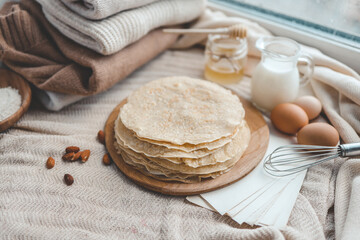 Stack of homemade pancakes, good morning concept