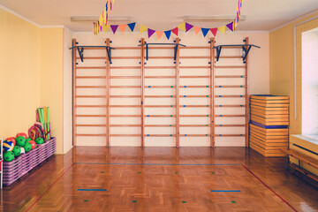 Interior of sport gym with parquet floor and wooden ladder for children training indoor.