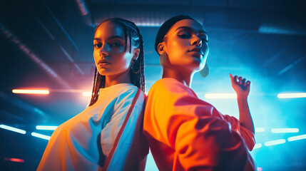 two girls hip hop dancers at colorful background, studio shot, modern gen z youth