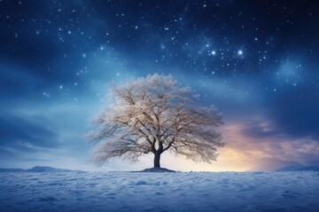 Fototapeta na wymiar Winter landscape with snow-covered tree and starry sky. Generative Ai