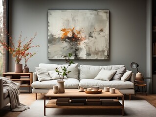 Gray walls modern living room with a white sofa and chair generative ai