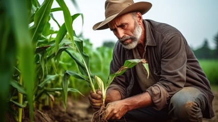 An experienced farmer analyzes the crop and examines the corn roots.