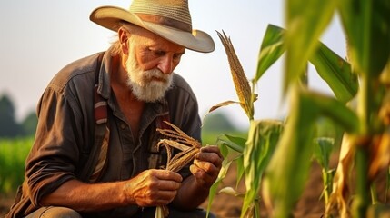 An experienced farmer analyzes the crop and examines the corn roots. - obrazy, fototapety, plakaty