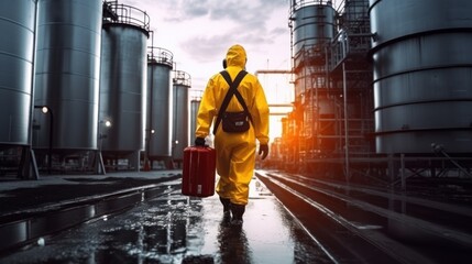Factory workers in protective equipment walk through acid storage tanks and loads of strong and dangerous chemicals.