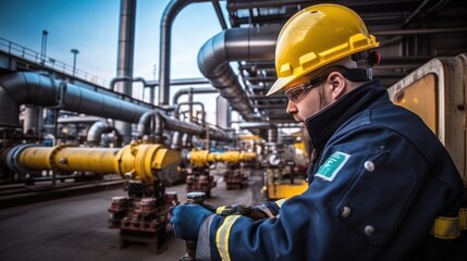 Industrial technician checking gas pipeline installations inside refinery.