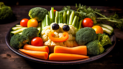 A plate of vegetables arranged to look like a funny face. AI Generated