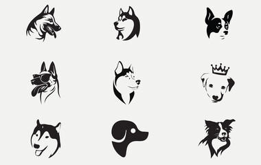 set of dog face logo or vector element, silhouette, cat, animal, vector, set, illustration, dog, icon, cartoon, animals, black, design, bird, symbol, pet, sign, halloween, bear, tattoo, collection