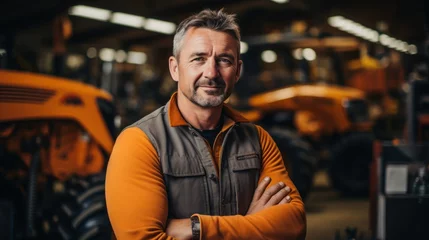 Fotobehang Photo of a tractor salesman standing in a factory and guaranteeing parts and service of agricultural machinery. Daylight on a telephoto lens © sirisakboakaew