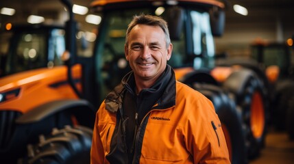 Photo of a tractor salesman standing in a factory and guaranteeing parts and service of agricultural machinery. Daylight on a telephoto lens