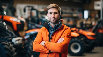 Photo of a tractor salesman standing in a factory and guaranteeing parts and service of agricultural machinery. Daylight on a telephoto lens