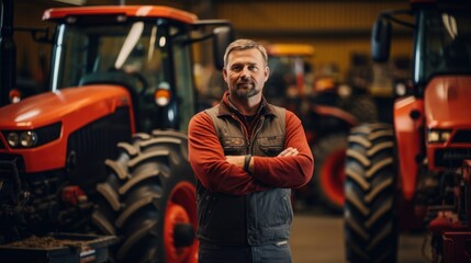 A tractor salesman standing in a factory and guaranteeing parts and service of agricultural machinery. Daylight on a telephoto lens - obrazy, fototapety, plakaty