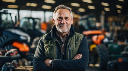 Photo of a tractor salesman standing in a factory and guaranteeing parts and service of agricultural machinery. Daylight on a telephoto lens