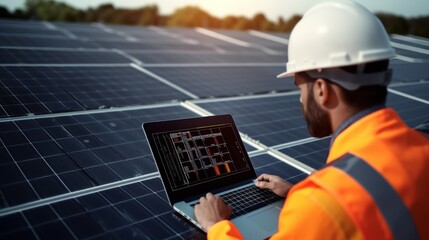 Installing solar panels for sustainable energy Electrical engineer holds laptop computer with solar panel and checks performance