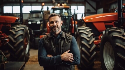 A tractor salesman stands in his workshop showing machines that have been serviced and maintained. - obrazy, fototapety, plakaty