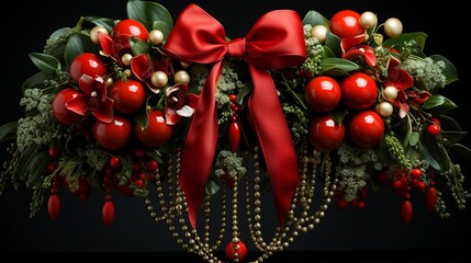 Festive Christmas Wreath with Red Bows and Ornaments