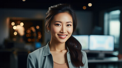 Woman in front of webcam participating in an online video conference call meeting from home office