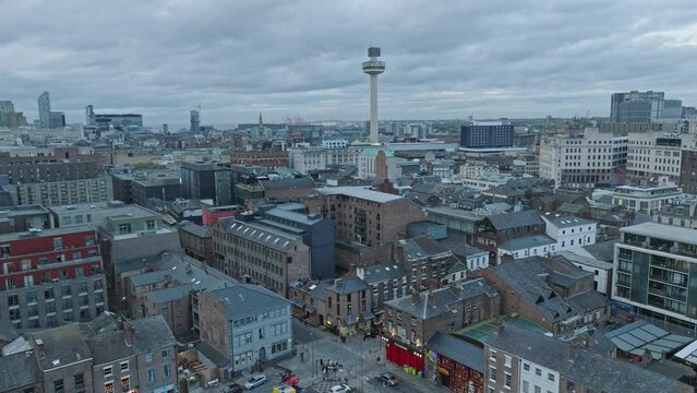 Bird's-eye journey through Liverpool's winding lanes and rooftops.
