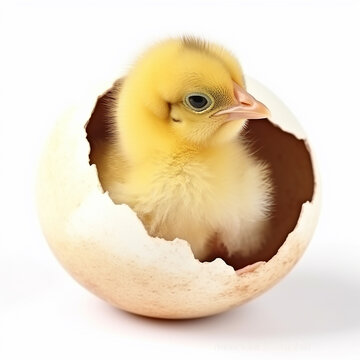 Small yellow fluffy chick hatching from an egg, close-up on a white background