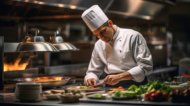 Gourmet Culinary Crafts. Chef in Upscale Restaurant Kitchen