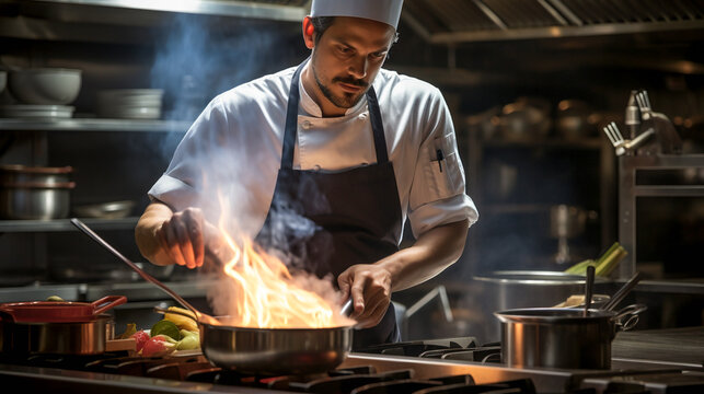 Gourmet Culinary Crafts. Chef in Upscale Restaurant Kitchen