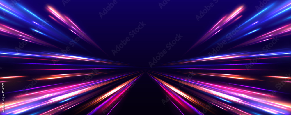 Poster abstract neon light rays background. a colorful motion background of city light trails. motion light