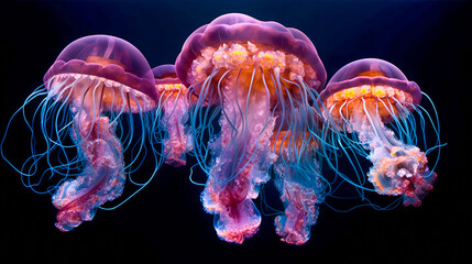 Colorful jellyfish floating in water. AI Generated - obrazy, fototapety, plakaty